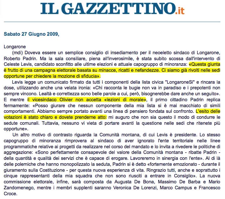 minacce mafiose, Longarone 2009